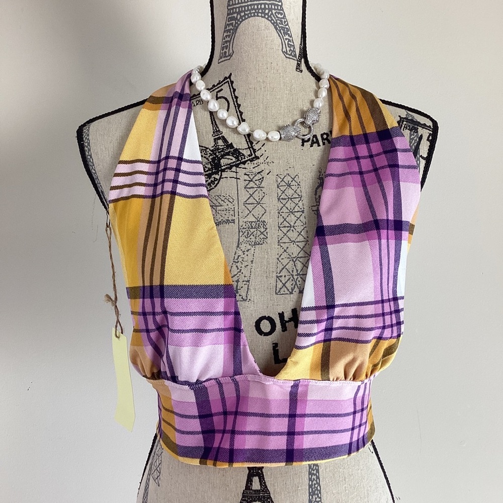 Paper & Tee Women’s Pink Orange Plaid Halter Crop Top Ribbon Tie Straps